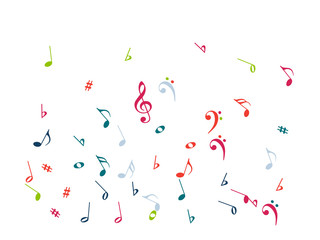 Music Notes Confetti Falling Chaos Vector. Music Symbols Texture Poster Background Elements. Party Night, Festival, Celebration or Concert, Melody Notes Trail. Decorative Song Sheets Chaos Effect.