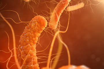 3D illustration virus bacteria. Viral infection causing chronic disease, decreased immunity. Red bacteria under microscope close-up. Virus abstract background in space.