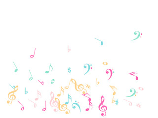 Music Notes Confetti Falling Chaos Vector. Music Symbols Texture Poster Background Elements. Party Night, Festival, Celebration or Concert, Melody Notes Trail. Decorative Song Sheets Chaos Effect.