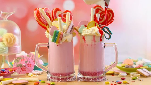 Making modern popular trend strawberry freak shakes milkshakes toppping with lollipops candy and cookies, selective focus.