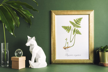 Green modern space with gold mock up poster frame, fox figures, tropical leaf and plant. Stylish...