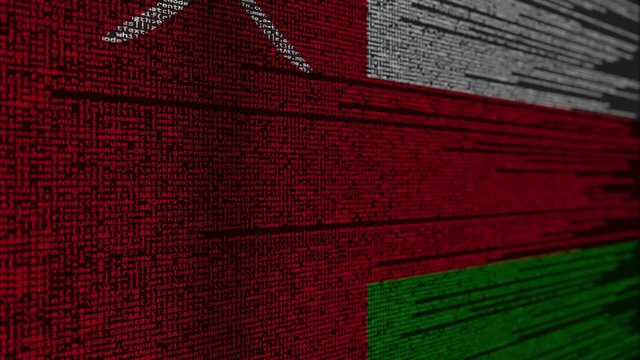 Program code and flag of Oman. Omani digital technology or programming related loopable animation