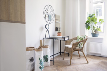 Modern scanidinavian interior of home office with glass table, design clock paper bags and plants. Stylish space with wooden brown parquet.