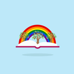 Open book with tree and rainbow. Inspiration pictogram. Power of knowledge and education sign.