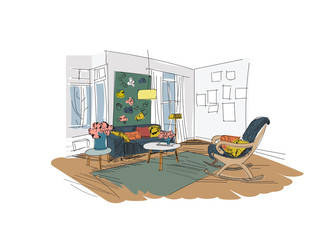 vector interior design illustration.living room furniture. hand drawn watercolor sketch. Mid century modern. Danish. Designer fashion