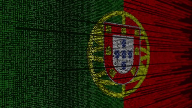Program code and flag of Portugal. Portuguese digital technology or programming related loopable animation