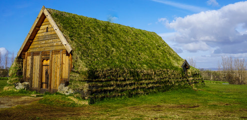 Beautiful church house with green roof in Skalholt, Iceland