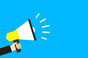 Flat design business illustration concept Digital marketing business megaphone for website and promotion banners. Cartoon human hand holding empty social media copy space text.