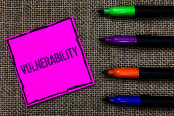 Writing note showing Vulnerability. Business photo showcasing Information susceptibility systems...