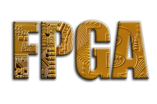 FPGA. The inscription has a texture of the photography, which depicts several bitcoins