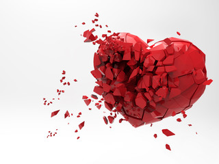 3D heart breaking render illustration on white BG