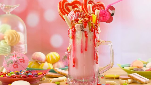 Modern popular trend strawberry freak shakes milkshakes toppping with lollipops candy and cookies, selective focus.