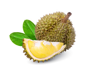 durian tropical fruit with green leaf isolated on white background