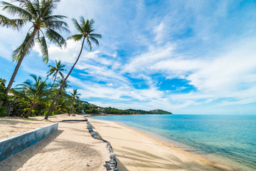 Beautiful tropical beach sea and sand with coconut palm tree on blue sky and white cloud