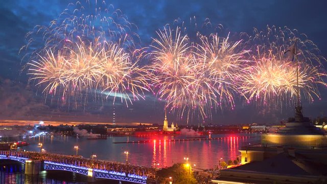 4k: Fireworks show, view on Peter and Paul fortress, Saint-Petersburg, Russia
