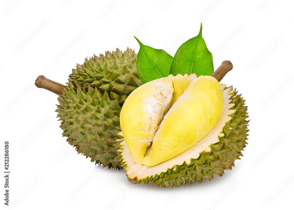 Wall mural durian tropical fruit with green leaf isolated on white background