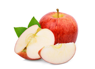 whole and half red gala apple with green leaves isolated on white background