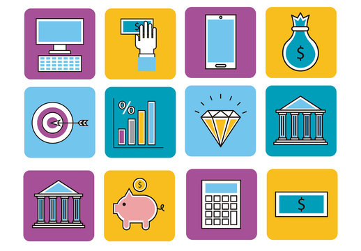 16 Colorful Finance Icons on Rounded Squares