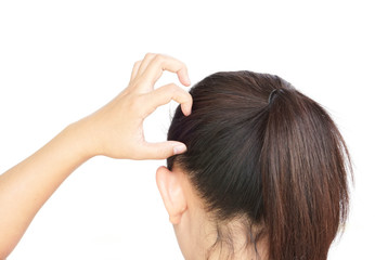 Fototapeta premium Closeup woman hand itchy scalp, Hair care concept