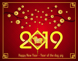 Naklejka premium Happy Chinese New Year 2019 year of the pig. Lunar new year