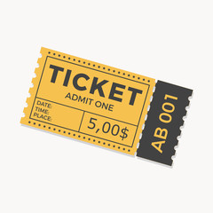 Ticket illustration in the flat style. Ticket stub isolated on a background. Retro cinema or movie tickets.