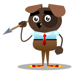 Cartoon illustrated business dog holding spear in his hand.
