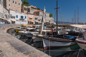 Greek Island Harbour with Shops and Fishing Boats 