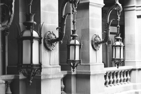 Beautiful old chandeliers on a old building
