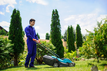 Gardener man is cutting the grass with the mower