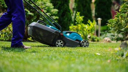 The grass mower in actione - obrazy, fototapety, plakaty