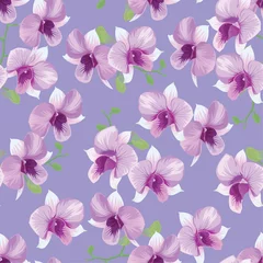 Wallpaper murals Orchidee Seamless pattern of tropical orchid flowers on purple background template. Vector set of blooming floral for holiday invitations, greeting card and fashion design.