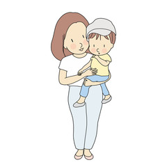 Vector illustration of happy mom holding little kid. Family, happy mother day, motherhood, early child development concept. Cartoon character drawing.