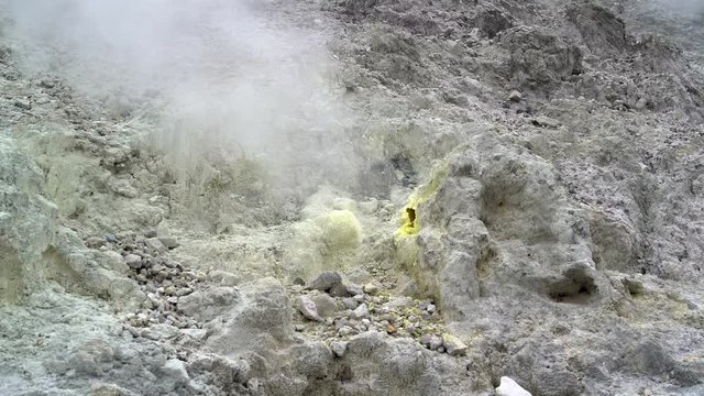 Fumarola on top of the volcano and the yellow solidified sulfur around it