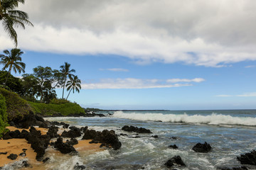 Waves crashing on a beach in Maui Hawaii under blue skies with palm trees in the background