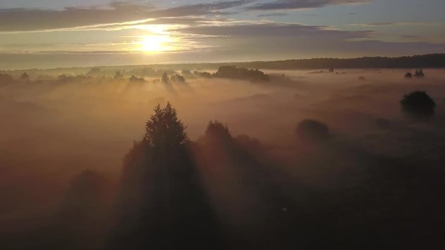 Beautiful aerial shot of thick layer of fog on fields during sunrise with expanse and endless skyline