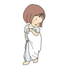 Vector illustration of little kid playing dress up by using fabric piece to make dress. Early childhood development, pretend and dramatic dress-up play, education and learning concept.