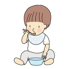 Vector illustration of self-feeding toddler. Little kid learning to eat food in bowl with spoon by self. Early childhood development - self feeding, self care, education & learning concept.