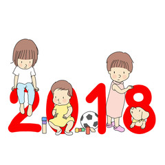 Vector illustration of 2018 happy new year greeting card design. Little kids with red number 2018, building wooden block, football soft toy and dog, chinese zodiac symbol. Cartoon character drawing.