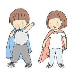 Vector illustration of little kids playing dress up and acting like superhero. Playing superhero. Early childhood development activity, pretend and dramatic dress-up play, education & learning concept