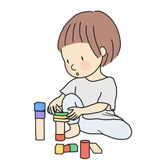 Vector illustration of little kid playing building wooden blocks by staking, assembling. Early childhood development activity, education and learning concept - construction block, constructive play.