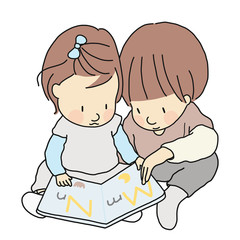 Vector illustration of two little kids, brother and sister, sitting & reading abc alphabet book together. Early childhood development activity, education and learning, family, child, siblings concept.