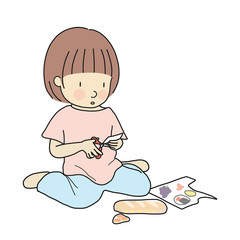Vector illustration of little kid sitting on floor and cutting paper into small pieces with scissor. Early childhood development activity, learning and education concept. Cartoon character drawing.