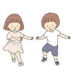 Vector illustration of happy kids, boy and girl, dancing together. Playing and laughing. Family, brother and sister, twins, best friends concept. Happy children day and friendship day greeting card.