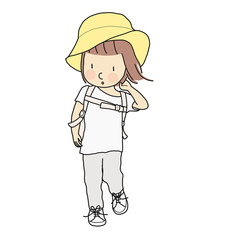 Vector illustration of little kid girl walking with school backpack and yellow hat. Child development, travel concept. Cartoon character drawing style. Isolated on white background.