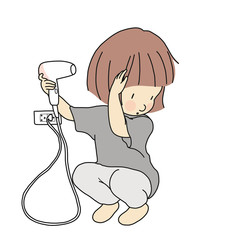 Vector illustration of little kid girl trying to dry hair with blow dryer. Child development & teenage & beauty concept. Cartoon character drawing style. Isolated on white background.