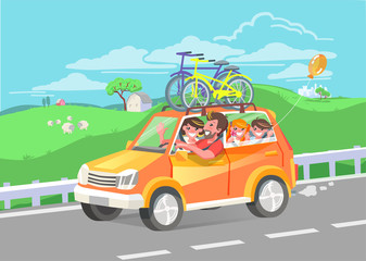 Family travels by car on the road. There are a trip outside the city. The family rides in the car on the highway. Funny children with a balloon. Bicycles on the roof of the car. Vector illustration