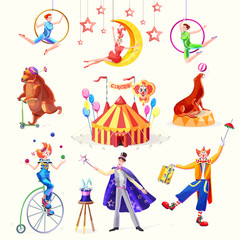 Circus set. Illustration with the image of the tent, clowns, juggler, acrobats, animals and on magician with a rabbit. Isolated vector illustration.