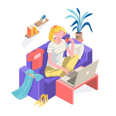 Isometric illustration. Girl with a cup of coffee. Freelancer working behind laptop at home. Fashion blogger is surrounded by clothes such as shoes, T-shirt, dress. Vector isolated 3d illustration on