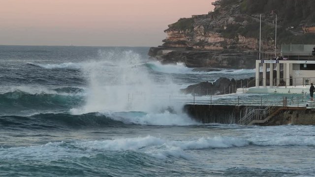 Footage of Bondi & Bronte Beach, Sydney Australia, Early in the morning during sunrise.