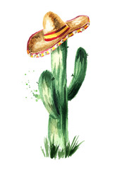 Mexican cactus in sombrero. Hand drawn watercolor illustration, isolated on white background © dariaustiugova